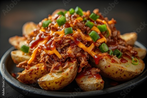 plate of bbq pulled pork loaded potato wedges with topped with cheese and green onions