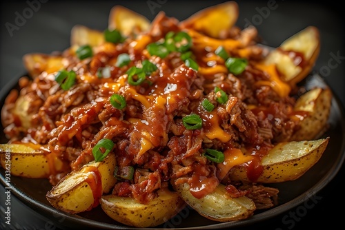 Wallpaper Mural plate of bbq pulled pork loaded potato wedges with topped with cheese and green onions Torontodigital.ca