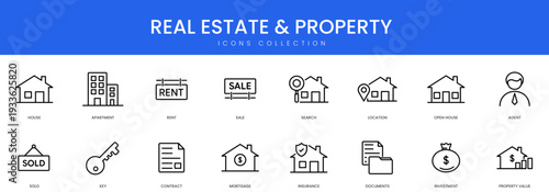 A complete set of outline icons for the real estate market including housing sales rentals and property investment