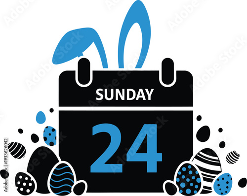Black calendar showing Sunday 24 with blue bunny ears and decorated Easter eggs blue and black date twentyfour