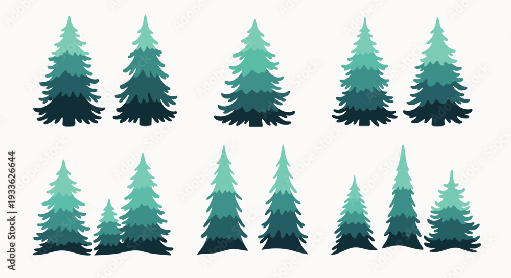 Obraz premium Collection of stylized evergreen pine and fir trees in various shades of green, perfect for winter, nature, forest, or holiday designs and illustrations.