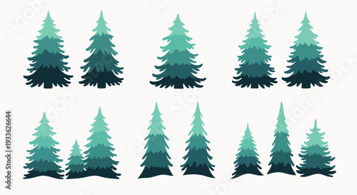 Collection of stylized evergreen pine and fir trees in various shades of green, perfect for winter, nature, forest, or holiday designs and illustrations.