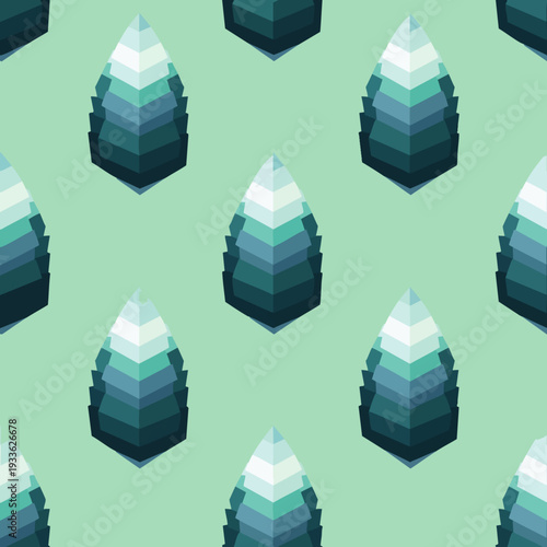 Modern abstract seamless pattern featuring geometric layered leaf or teardrop shapes in shades of green and blue on a mint background, digital design.