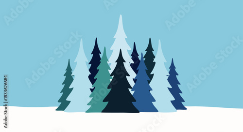 Modern minimalist winter forest scene with a cluster of stylized blue and green pine trees standing on a pristine white snowfield.