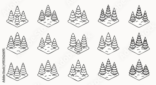Isometric Outline Pine Tree Clusters Vector Icons Set. Black and White Stylized Fir Forest Elements for Game Maps, Infographics, and Digital Design Assets.