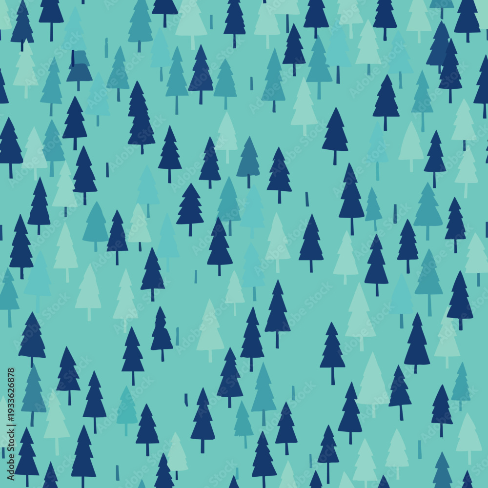 Obraz premium Seamless pattern of stylized pine trees in various shades of blue and green on a teal background, vector illustration