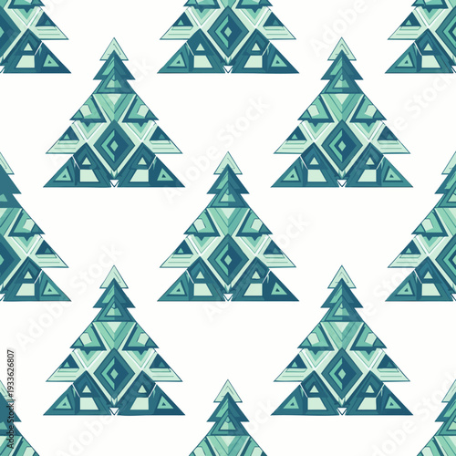 Abstract geometric Christmas tree seamless pattern. Modern festive design with blue and green triangles and diamonds on white background.