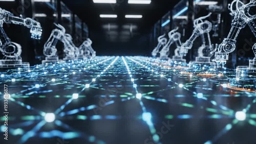 Futuristic factory floor with glowing data network and robotic arms in operation