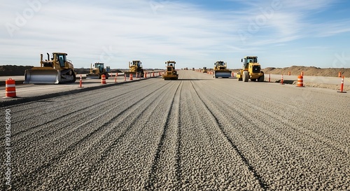 Construction workers operate heavy machinery to pave a new road in a desert landscape with orange cones.