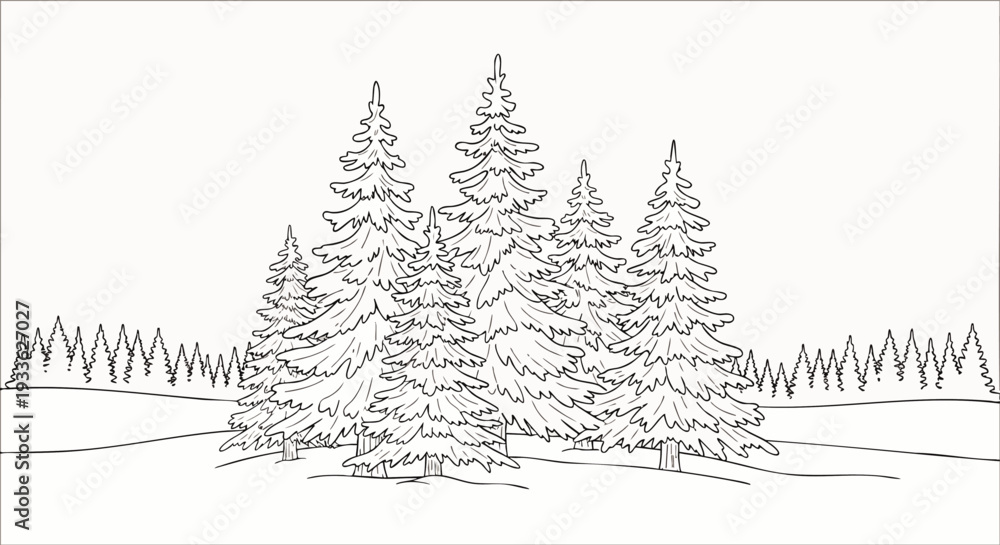 Obraz premium Detailed black and white line art illustration of a serene winter forest scene with tall evergreen pine trees covered in snow, perfect for coloring books or design elements.