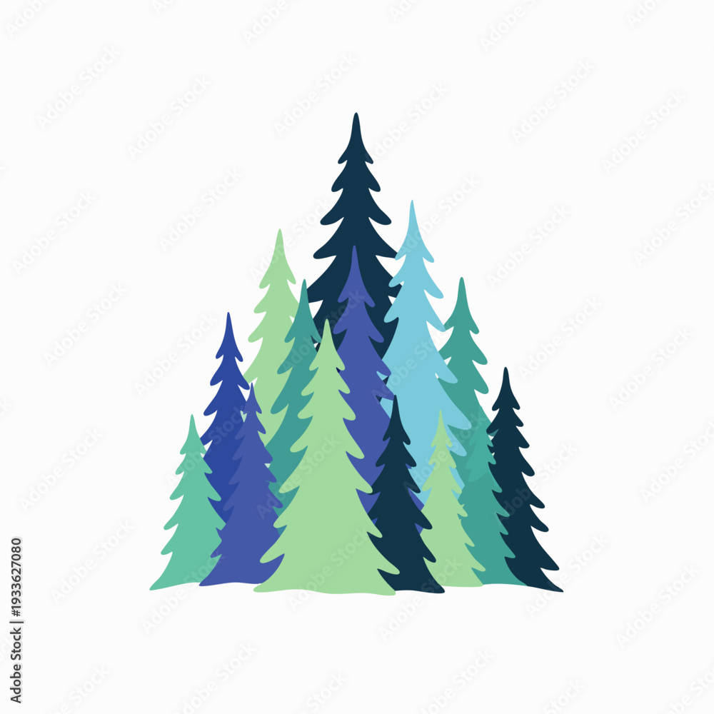 Fototapeta premium Stylized pine trees illustration in shades of blue and green, forming a minimalist forest cluster. Modern graphic design for nature concepts, winter, and holidays.