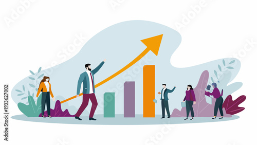 Business team celebrating growth with rising graph