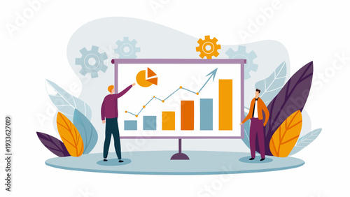 Business professionals analyzing growth charts on presentation board
