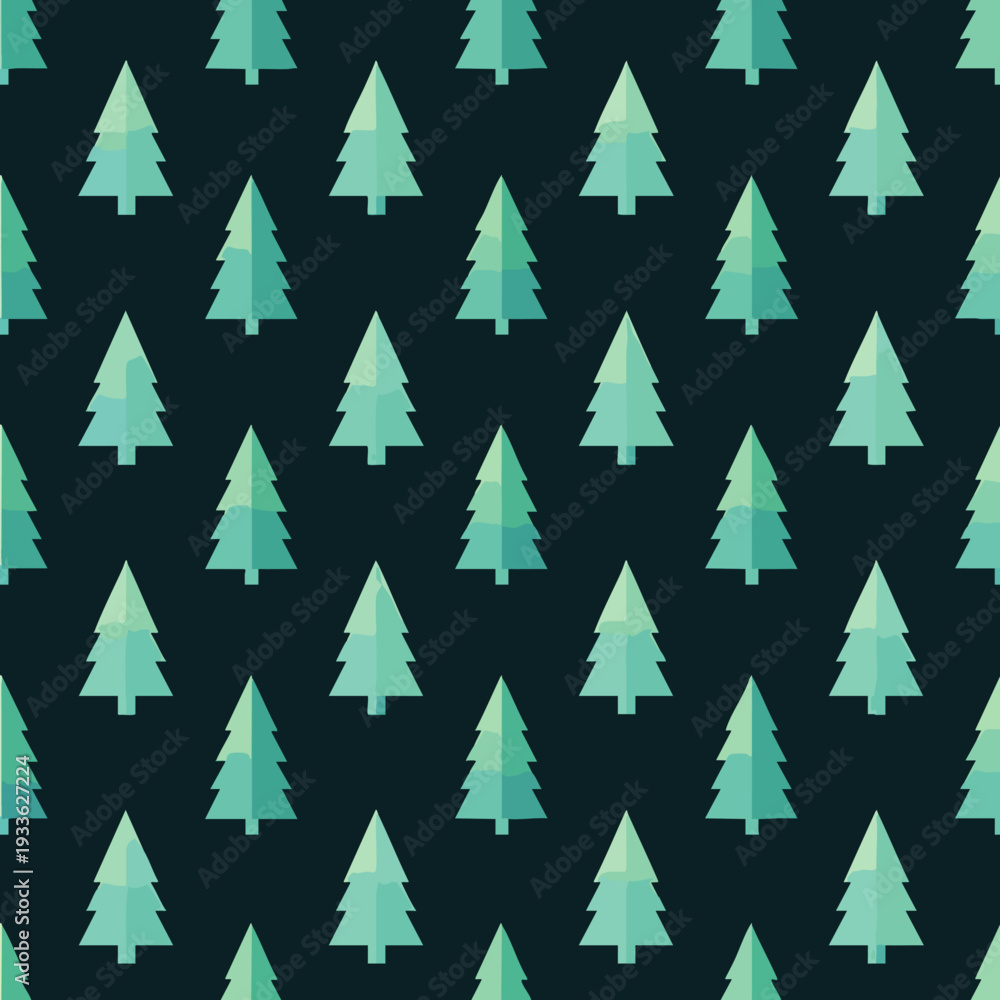 Fototapeta premium Modern seamless pattern with minimalist green Christmas trees on a dark background, perfect for winter holiday designs, festive decor, digital papers, and textiles.