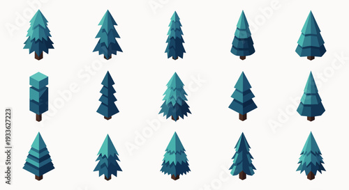 Collection of stylized isometric pine trees in various shapes and sizes, perfect for winter or nature-themed designs.