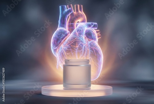 Frosted glass jar on podium with translucent anatomical heart