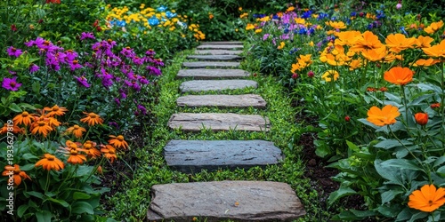 A garden path lined with stepping stones, surrounded by a vibrant array of colorful flowers, leading towards a lush green lawn.