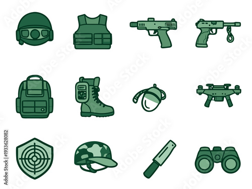 icon set series of green icons related to military or tactical equipment. All items are presented in a simple, flat design style, predominantly in green color tones.