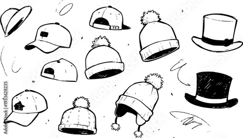 Hand Drawn Hats Collection: Sketchy Black  White Illustrations of Various Headwear like Baseball Caps, Pom-pom Beanies, Top Hats, and Fedora Style Doodles