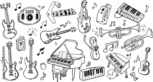 Detailed hand-drawn musical instruments vector set: guitars, piano, trumpet, cello, headphones, and music notes for creative designs.