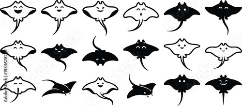 Cute stingray silhouette collection with smiling cartoon faces, black and white manta ray vector set isolated on white background for logo, mascot, clipart design.
