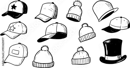 Hand drawn doodle sketch set of various hats, including baseball caps, beanies, a bowler, and a top hat, in black and white line art style.