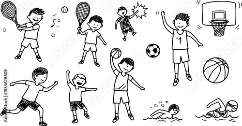 Hand-drawn doodle style illustrations of active children playing various sports: tennis, basketball, soccer, running, and swimming, isolated on a white background, depicting healthy lifestyle.