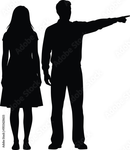 Silhouette of a young couple standing together on a white background while the man points his finger toward the distance showing the way ahead