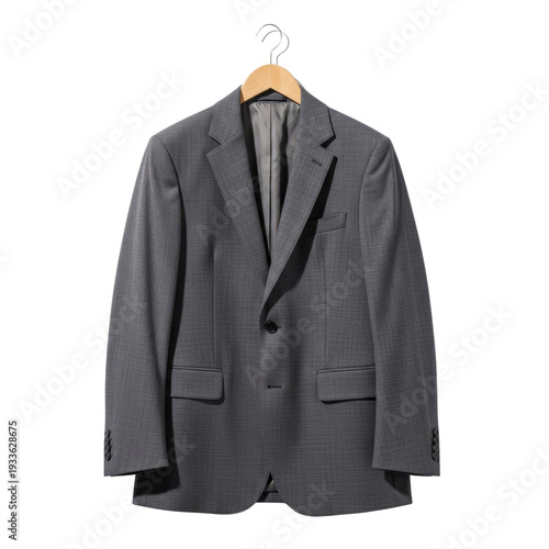 Gray suit jacket on a hanger