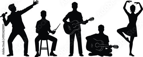 Musicians and Dancer Silhouette Collection Featuring Singer, Guitarists, Drummer and Ballet Performer Isolated on White Background, Black Vector Illustration for Concert, Music, and Performance Design