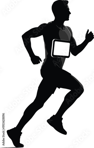 Running athlete silhouette vector illustration, male marathon runner in motion with race bib isolated on white background for sports, fitness, competition design.