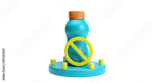 3D rendering of a teal bottle with an orange cap and a yellow prohibition sign