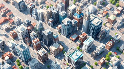 Isometric urban megalopolis top view of the city infrastructure town, street modern, real structure, architecture 3d illustration elements different buildings