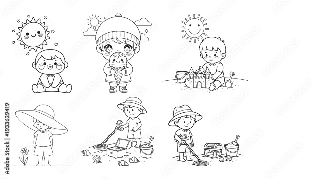 Obraz premium Summer Theme Kids Coloring Pages Set with Beach and Ice Cream Scenes 