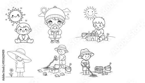 Summer Theme Kids Coloring Pages Set with Beach and Ice Cream Scenes
