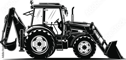 Backhoe loader tractor silhouette isolated on white background, heavy construction machinery with front bucket and rear excavator arm vector illustration
