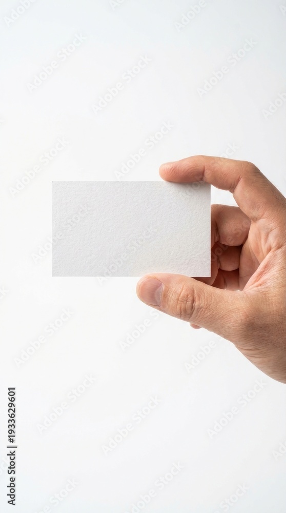 Obraz premium Hand holding a blank white card on white background