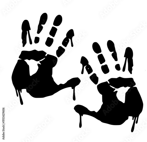 Bold handprints in black paint with drips on white background