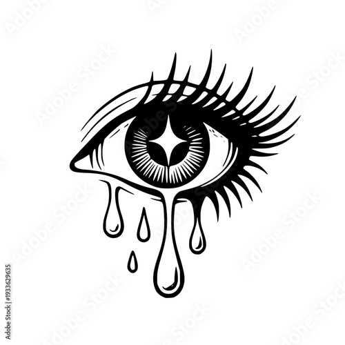 Crying eye with tears and star shaped pupil in black and white