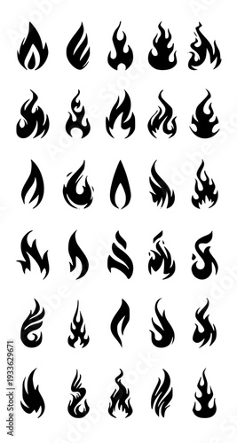 Set of modern flame icons in sleek black silhouette style