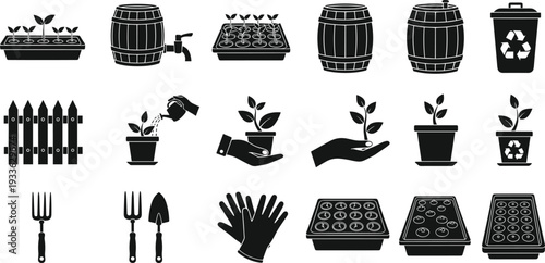 Black gardening icon set with seedlings in pots, wooden barrels, recycle bin, garden fence, watering can, gloves, and tools for sustainable organic plant cultivation.