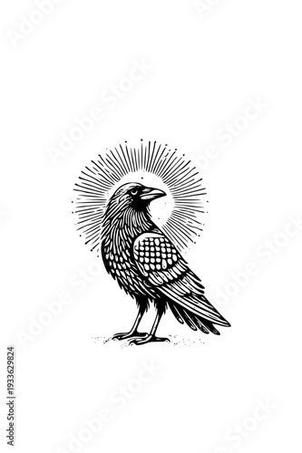 Majestic raven standing proudly with radiant sunburst