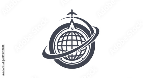 Global Travel and Aviation Emblem with Airplane and Compass.