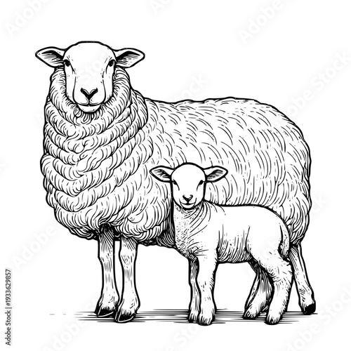 Mother sheep and lamb standing together in black and white illustration