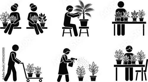 Black silhouette collection of people gardening and caring for houseplants featuring gardeners watering spraying and transplanting potted plants isolated on a white background