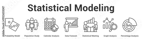 Statistical Modeling web banner icon set vector illustration concept for business with icon of Probability Model, Population Study, Calendar Analysis, Data Forecast, Statistical Meeting, Graph Analys.