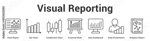 Visual Reporting web banner icon set vector illustration concept for business with icon of Chart Report, Bar Chart, Candlestick Chart, Financial Chart, Data Dashboard, Data Presentati.
