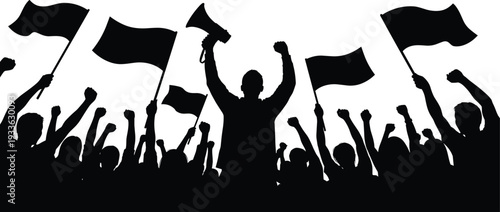 Black silhouette of a protesting crowd featuring people holding flags and a leader with a megaphone during a political rally or public demonstration