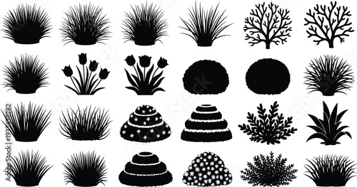 Black silhouette set of garden plants including bushes grass tulips and shrubs for landscape architecture backyard decoration and nature themed graphic design projects isolated.