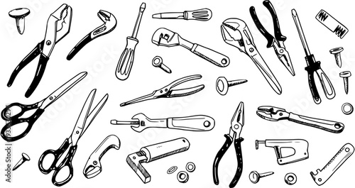 Hand-Drawn Tools Illustration: Pliers, Wrenches, Screwdrivers, Scissors, Nails, and Hardware